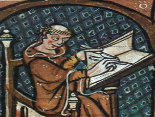 Scribe Seated in wooden chair writing in folio on wooden stand positioned in front of him. Scribe wears a brown robe and wears tonsure
